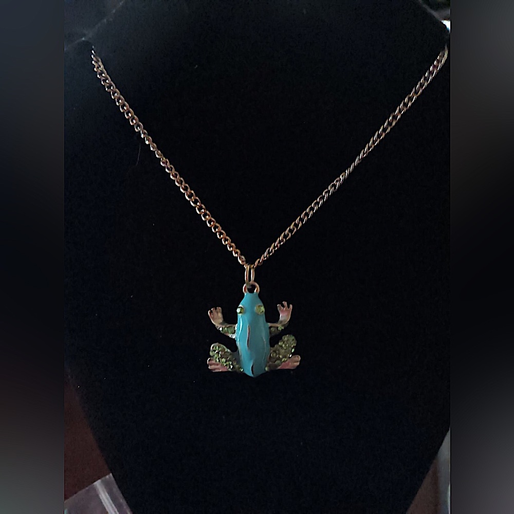 Blue green silver frog necklace